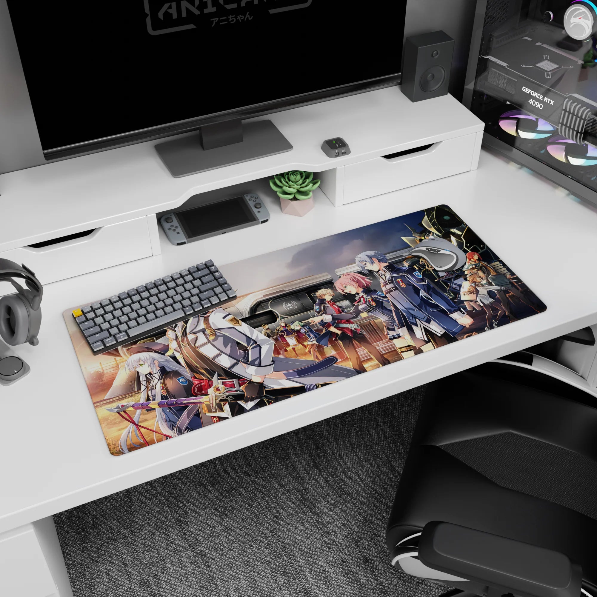 Anime desk pad 36x16 inches showing a calm tall lead in white coat as friends pass a sleek train.