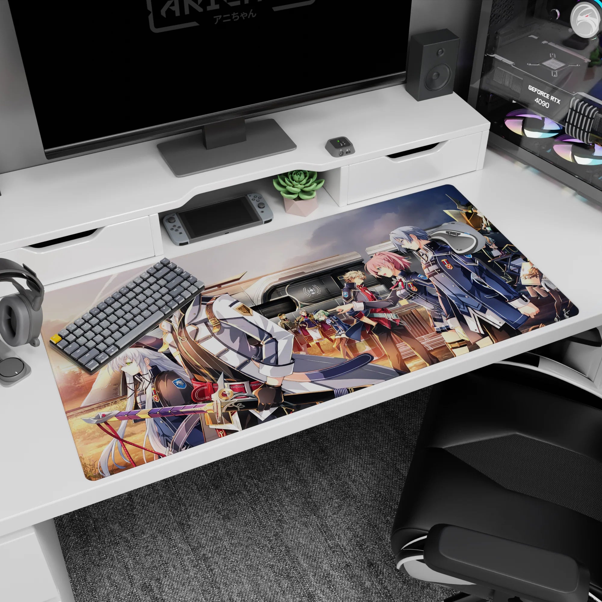 40x20 inches anime desk pad featuring a tall silver-haired lead in a white coat at a station as friends pass.