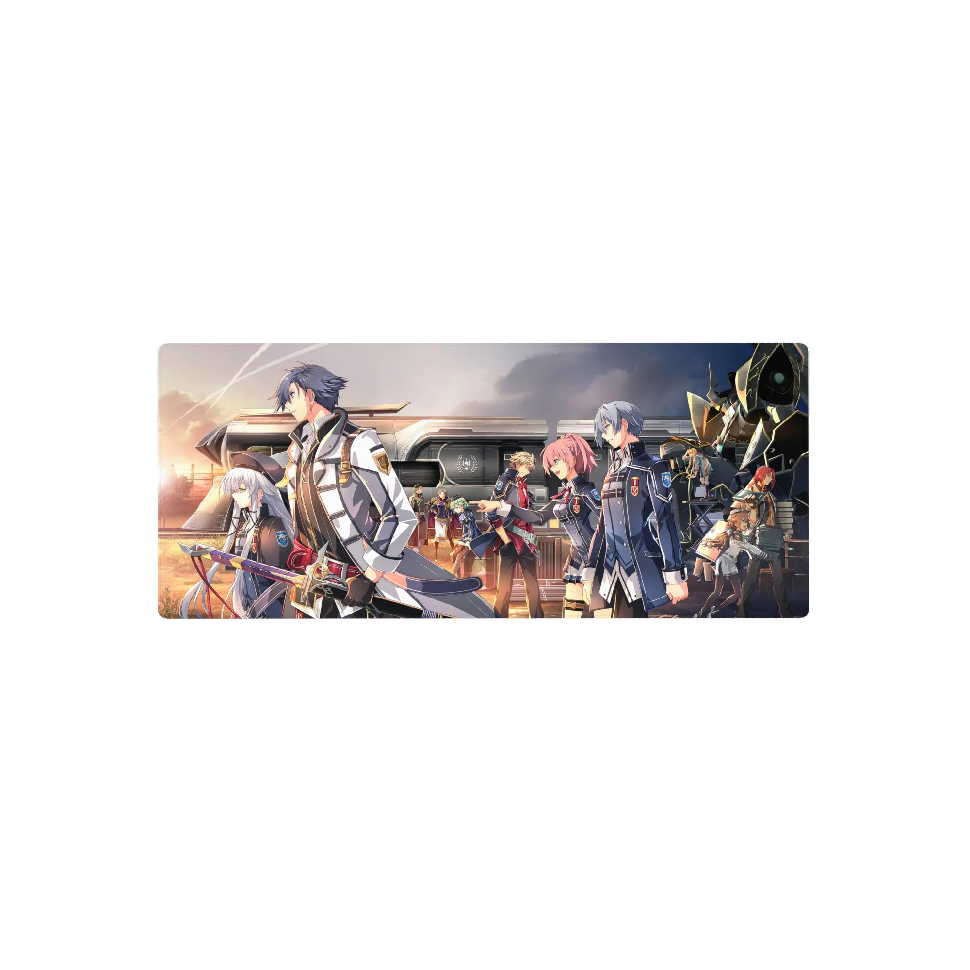 Anime mouse pad 28x12 inches with academy uniforms on a sunset train platform, crisp linework and badges.