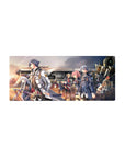 Anime mouse pad 28x12 inches with academy uniforms on a sunset train platform, crisp linework and badges.