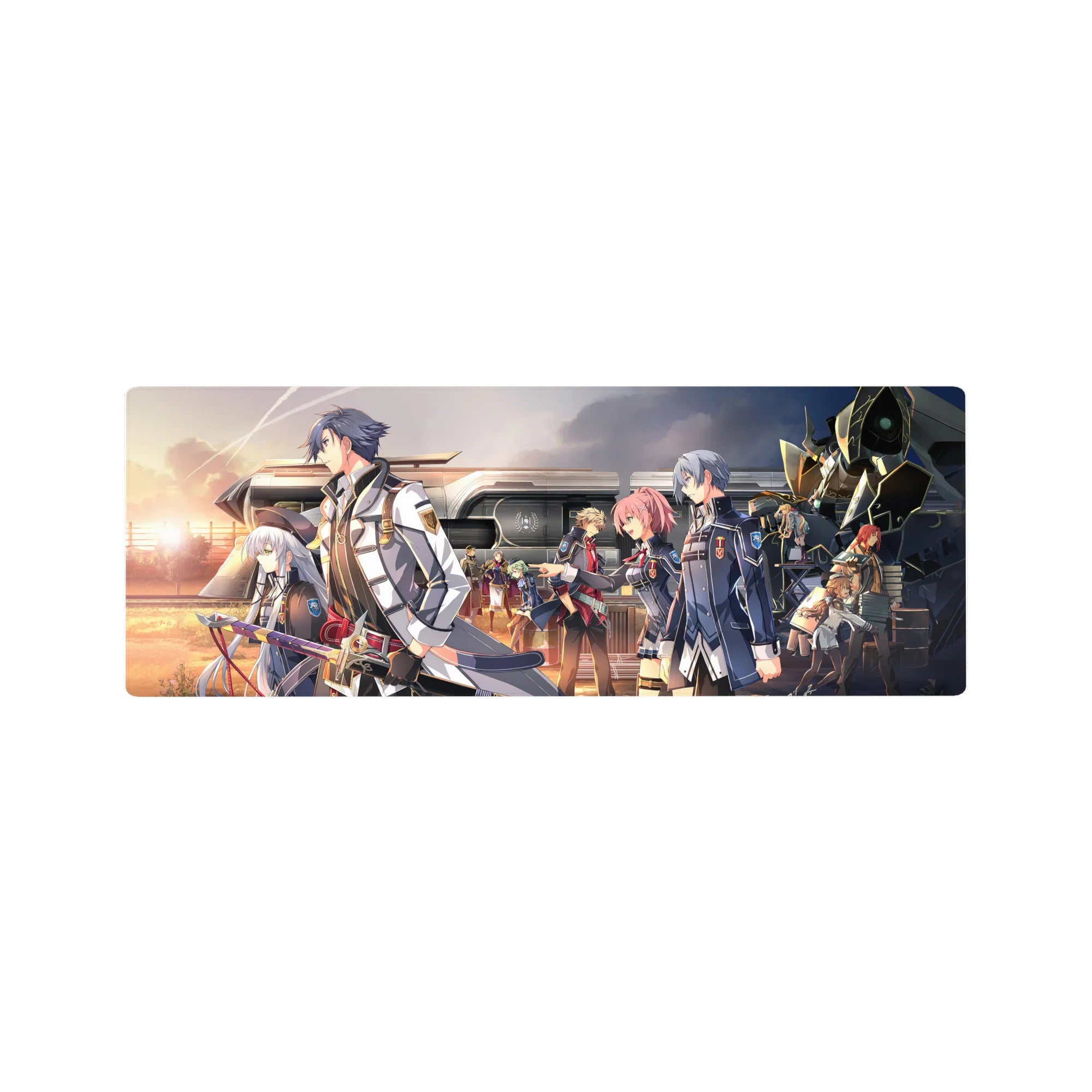 32x12 inches anime mouse pad with academy uniforms, sunset train platform scene, crisp linework and badges.