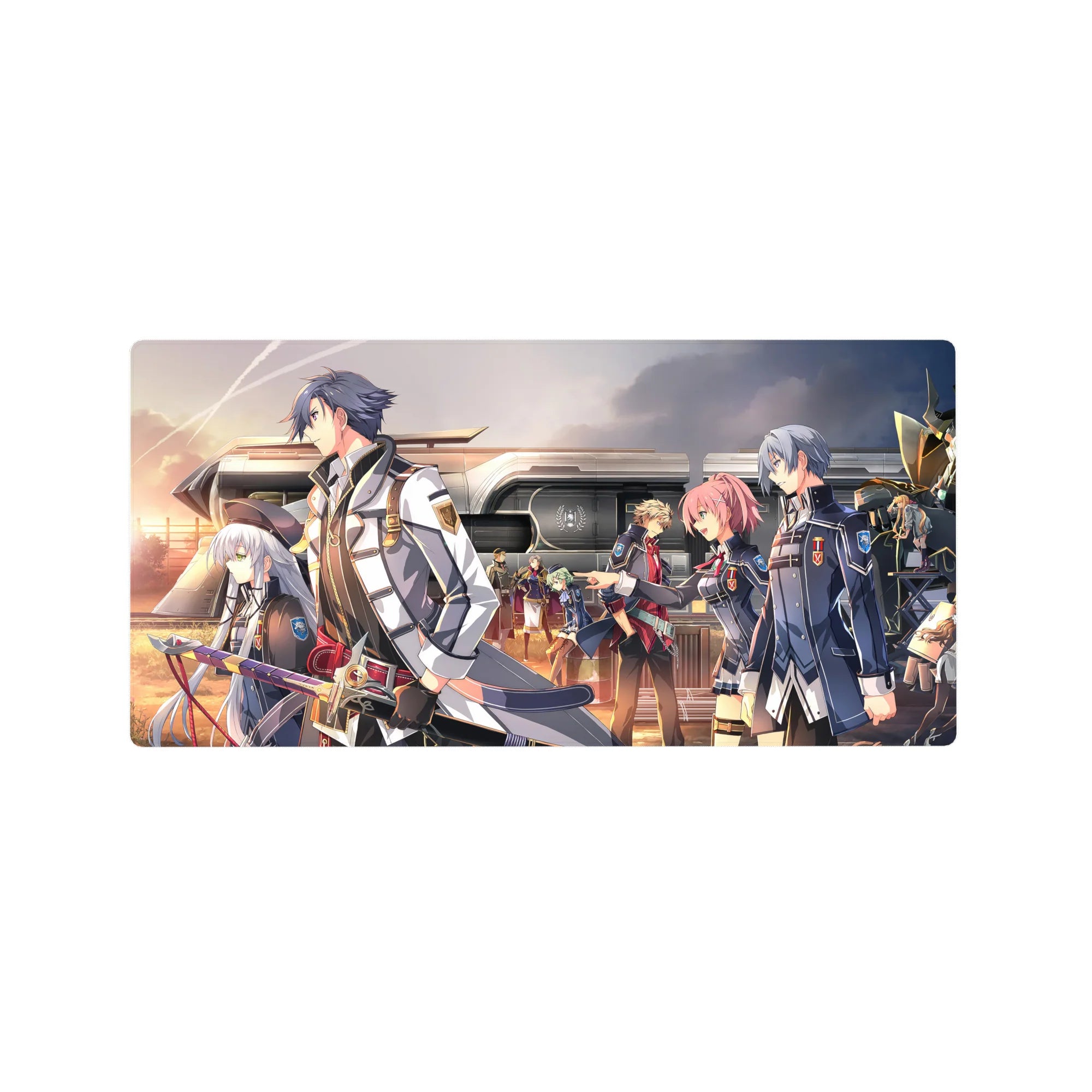 Anime mouse pad 32x16 inches with academy uniforms at a sunset train platform, crisp linework and badges.