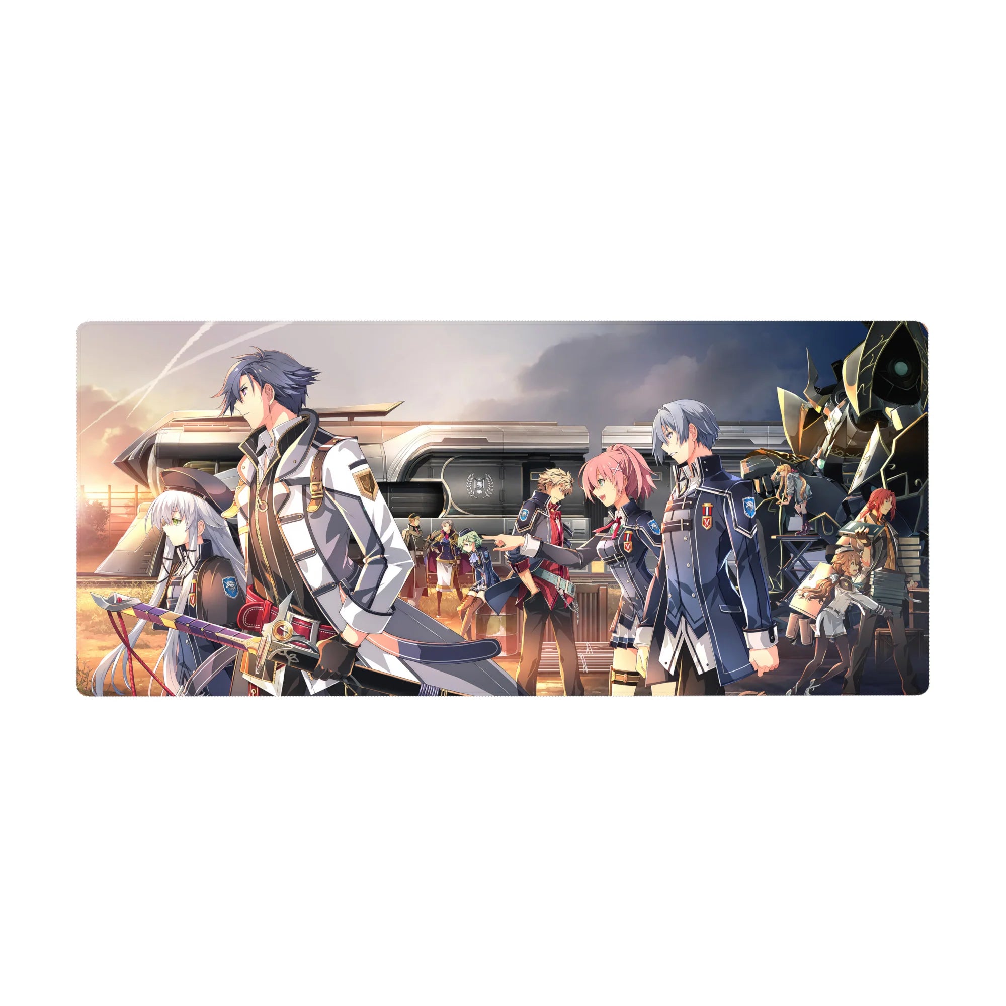 Anime desk pad 36x16 inches with academy uniforms and sword at a sunset train platform scene.