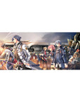 Anime desk pad 36x16 inches with academy uniforms and sword at a sunset train platform scene.