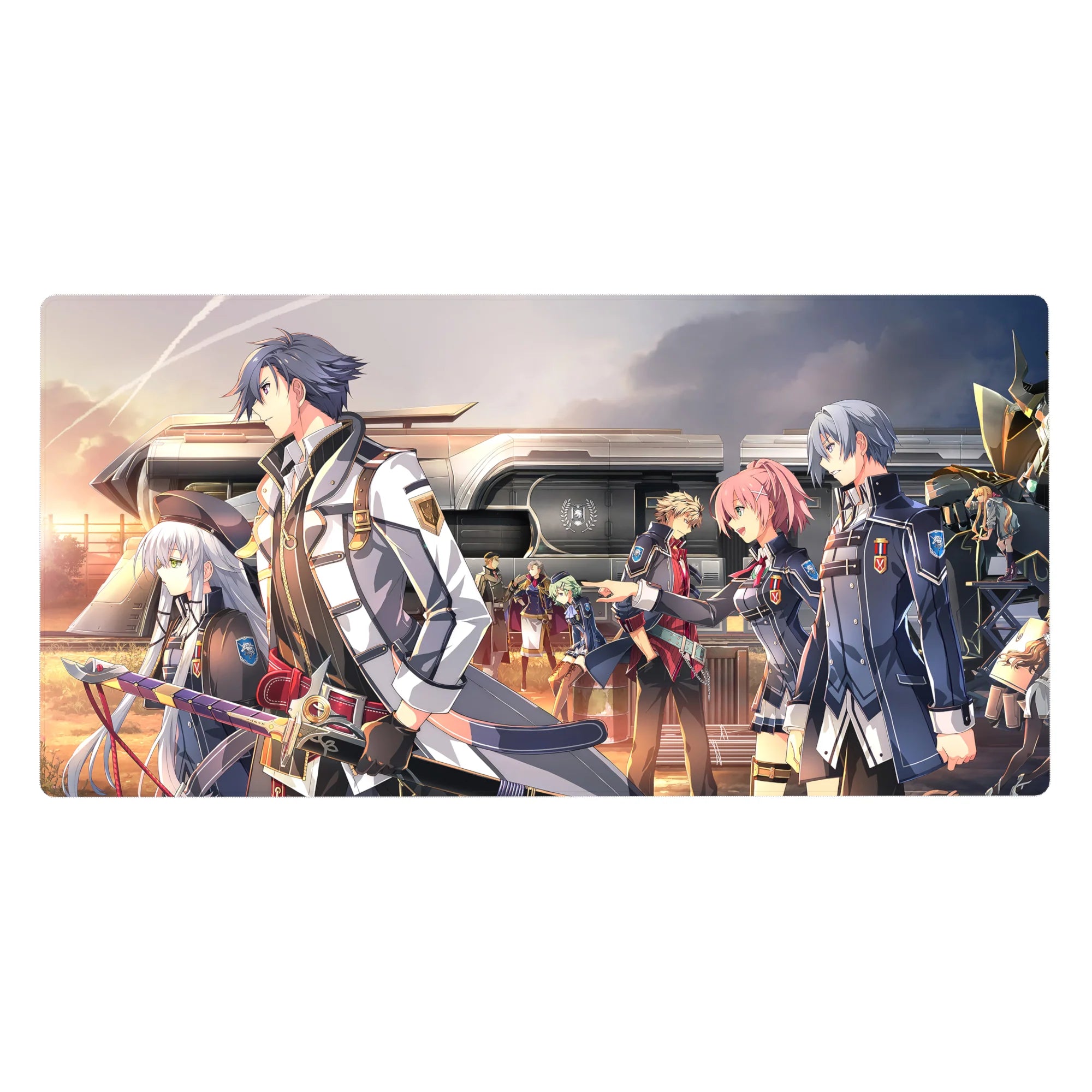 Anime 40x20 inches desk pad with academy uniforms on a sunset train platform, crisp linework and badges.