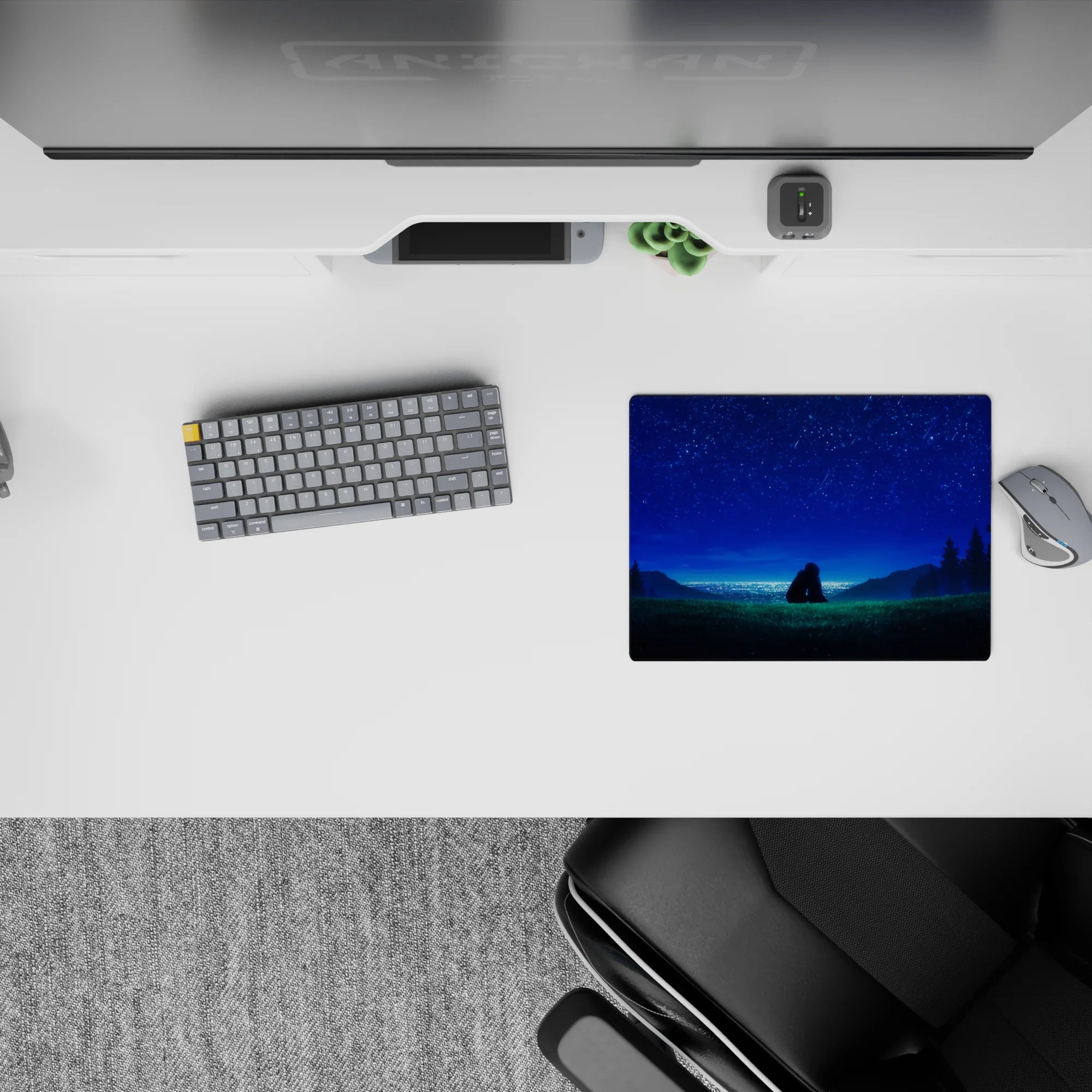 Calming blue-toned anime mouse pad 14x10 inches with sapphire stars and a soft horizon glow.