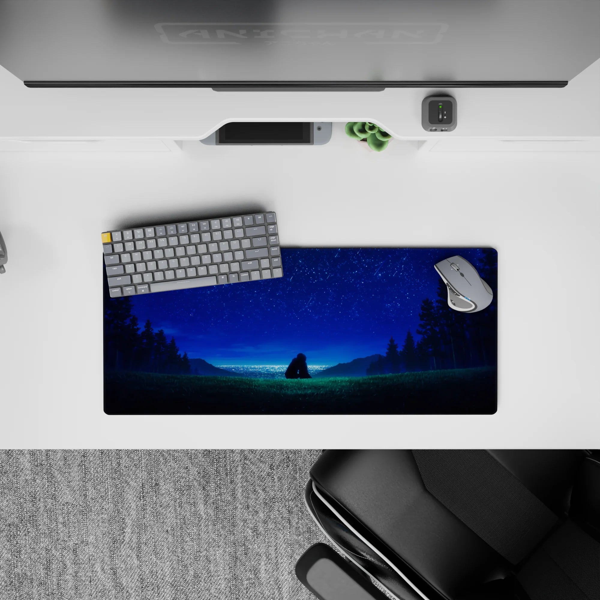 28x12 inches anime mouse pad in deep greens and soft blues, calm night mood with sapphire stars.