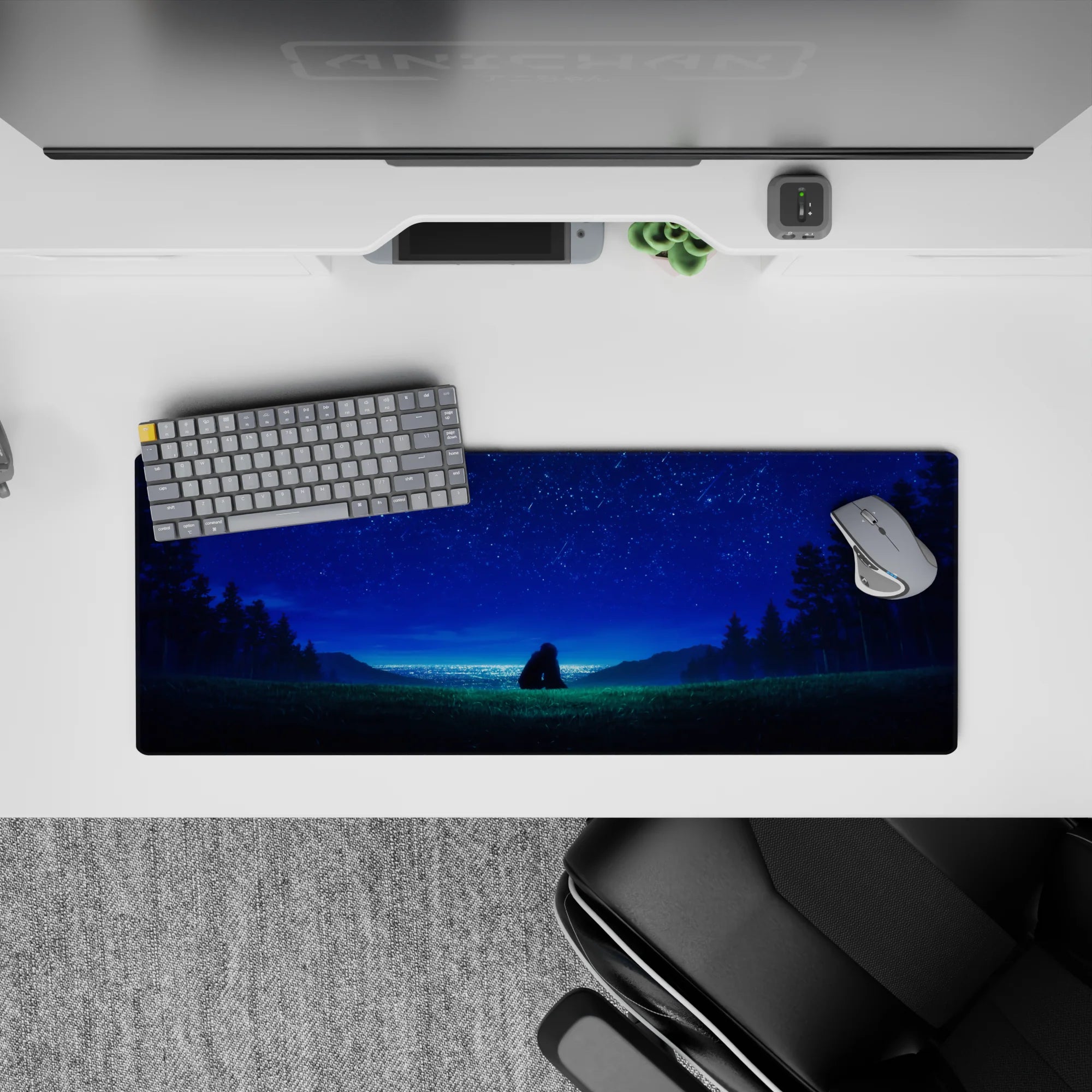 32x12 inches anime mouse pad in deep greens and sapphire blues, calm starlit gradients for a peaceful desk.
