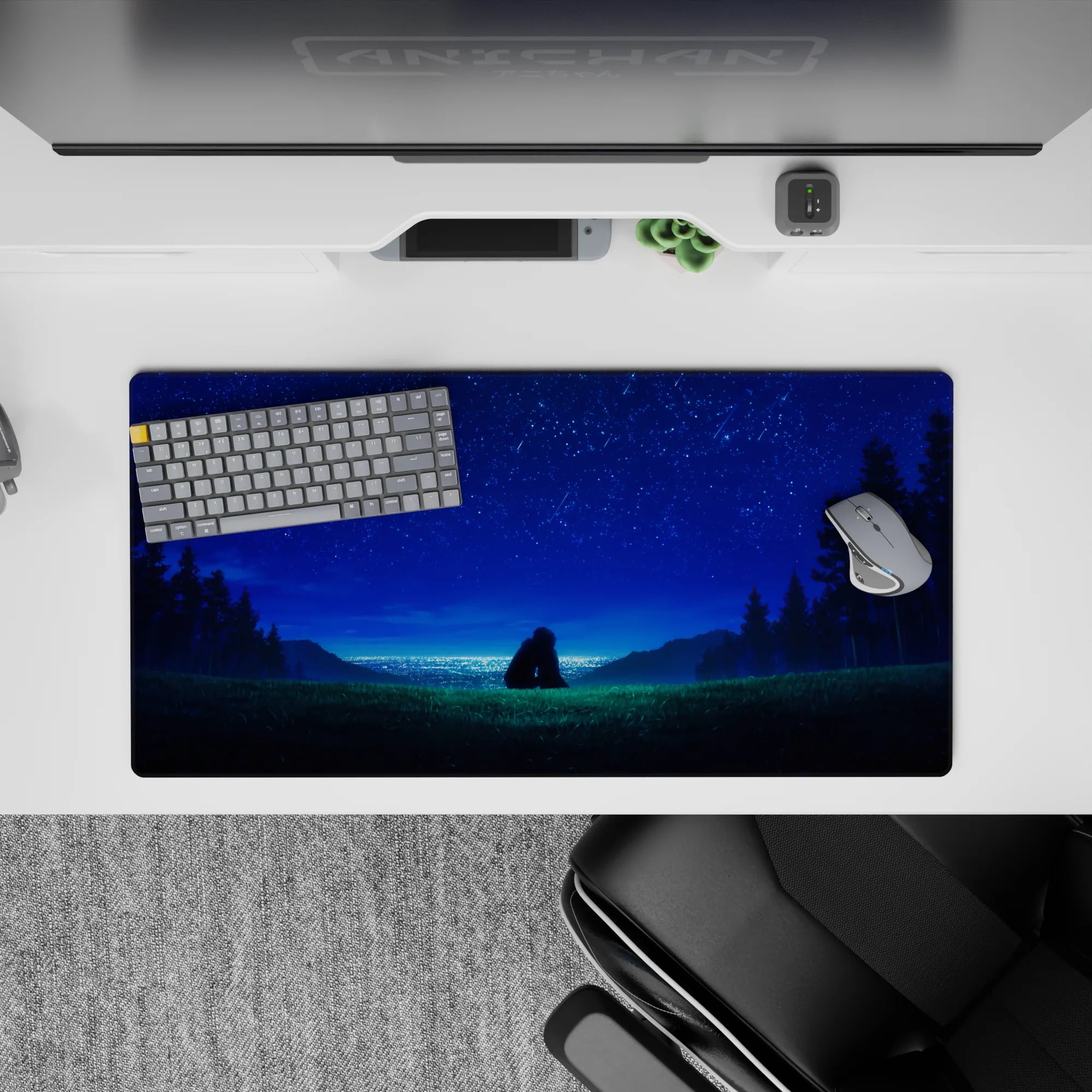 32x16 inches anime mouse pad in deep greens and soft blues, calm sapphire starlight gradient night mood.