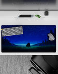 32x16 inches anime mouse pad in deep greens and soft blues, calm sapphire starlight gradient night mood.