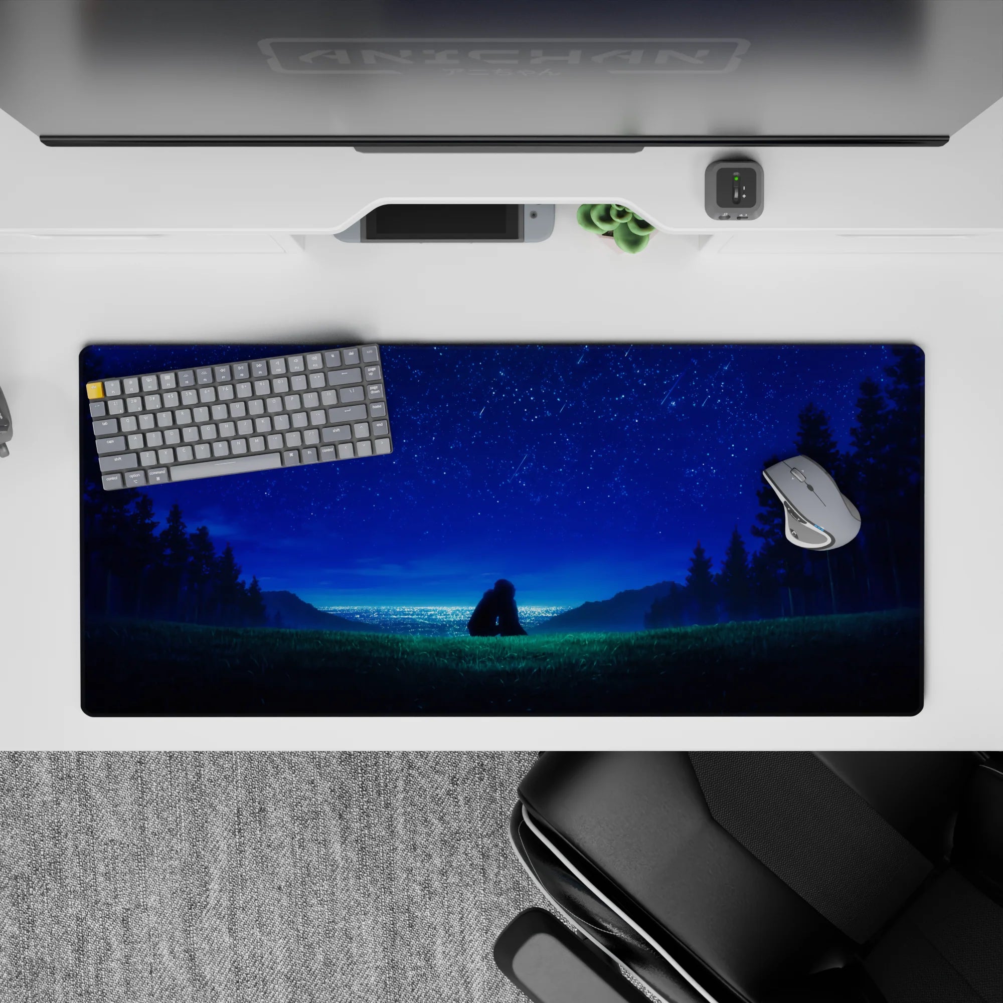 Calming 36x16 inches anime desk pad in deep greens and soft blues, sapphire stars, peaceful nightscape mood.