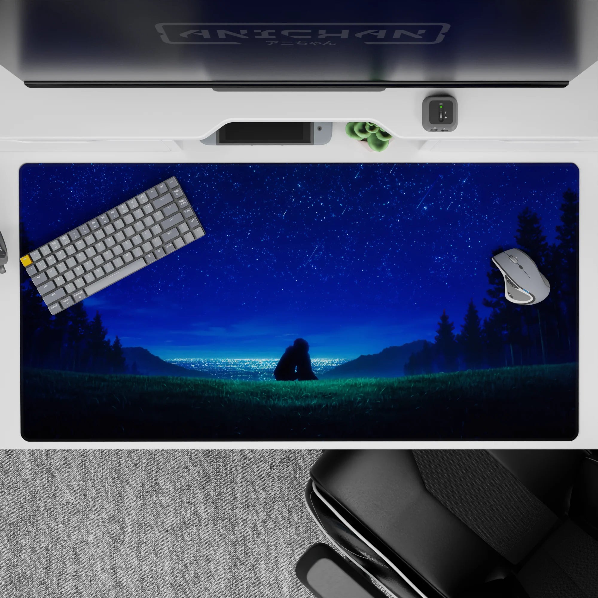 Calm blue and green anime desk pad 40x20 inches with sapphire stars, soft gradients, and horizon glow.