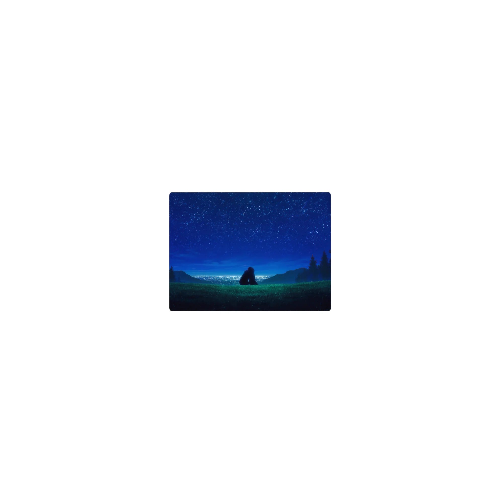 Classic anime mouse pad 14x10 inches with starry night sky, grassy hill, and pine silhouettes.