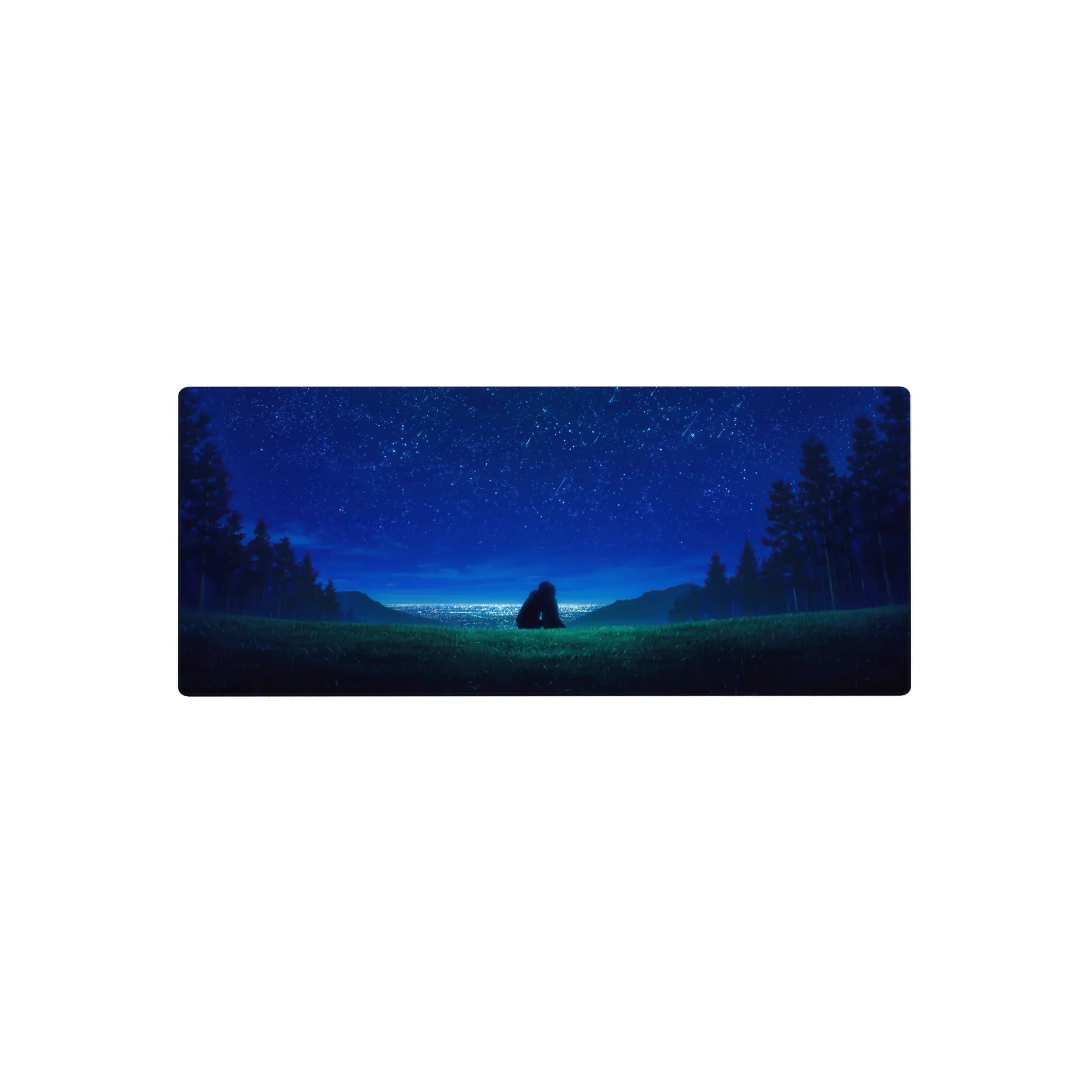 28x12 inches anime mouse pad with starlit hill scene, two figures, pine silhouettes, and horizon glow.