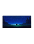 28x12 inches anime mouse pad with starlit hill scene, two figures, pine silhouettes, and horizon glow.
