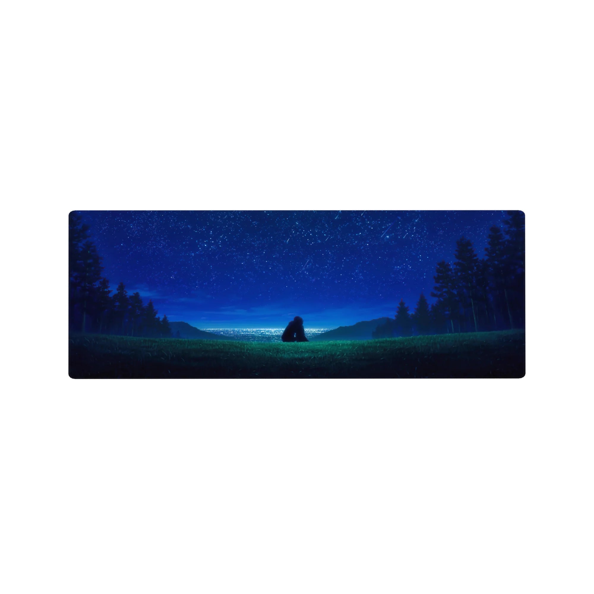 32x12 inches anime mouse pad with starry night hillside, two figures, pine silhouettes, and horizon glow.
