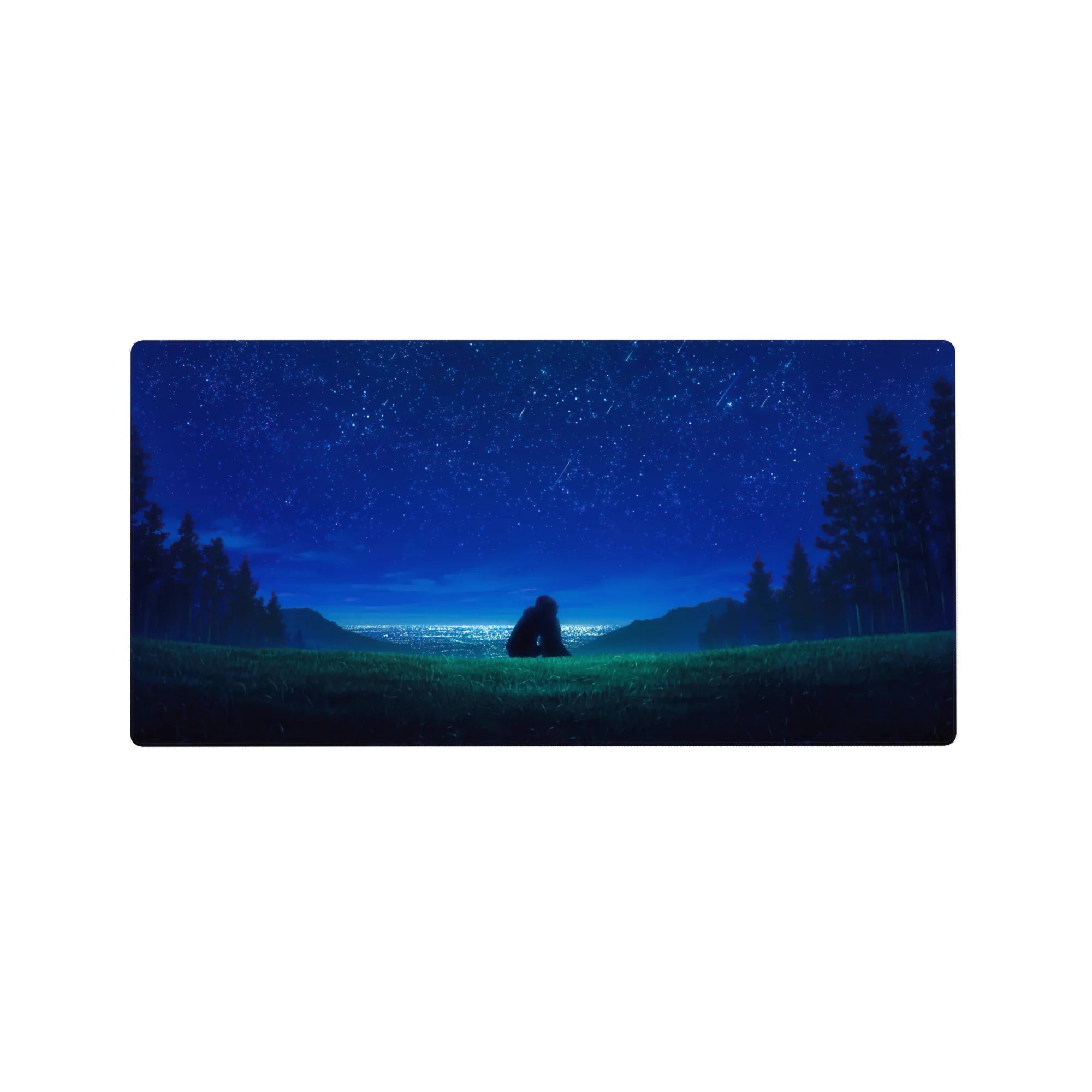 32x16 inches anime mouse pad with starry night hill scene, two figures, pine silhouettes, horizon glow.