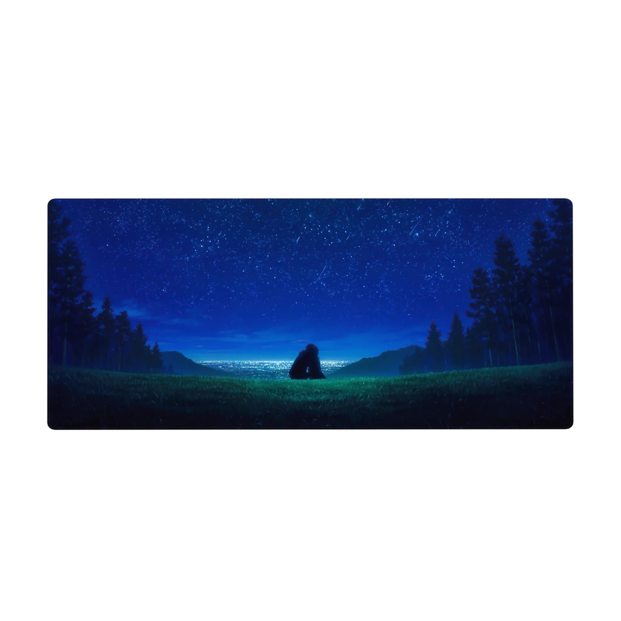 Anime desk pad 36x16 inches with starry night hill scene, two figures, pine silhouettes, and horizon glow.