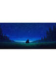 Anime desk pad 36x16 inches with starry night hill scene, two figures, pine silhouettes, and horizon glow.