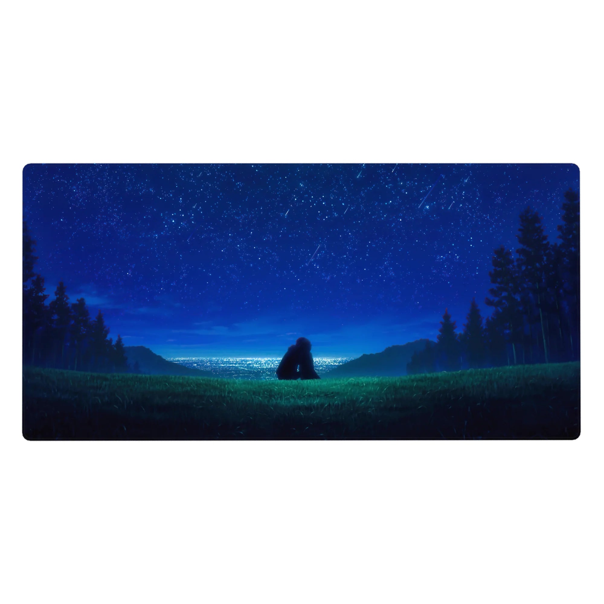 Anime desk pad 40x20 inches with starry night hill scene, pine silhouettes, and two figures under stars.