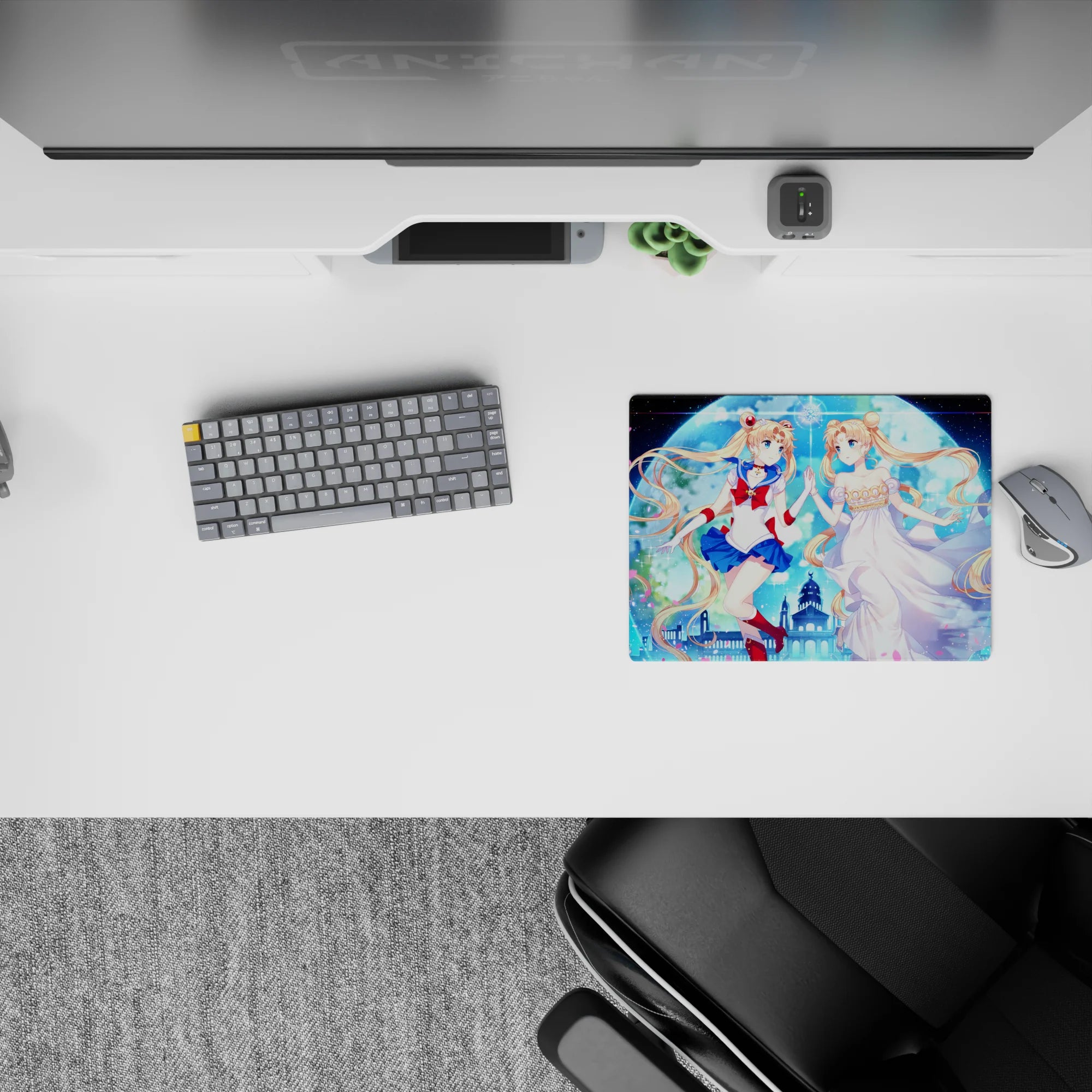 14x10 inches anime girl mouse pad in deep blues and pink petals, dreamy cosmic night sky vibe.