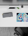 14x10 inches anime girl mouse pad in deep blues and pink petals, dreamy cosmic night sky vibe.