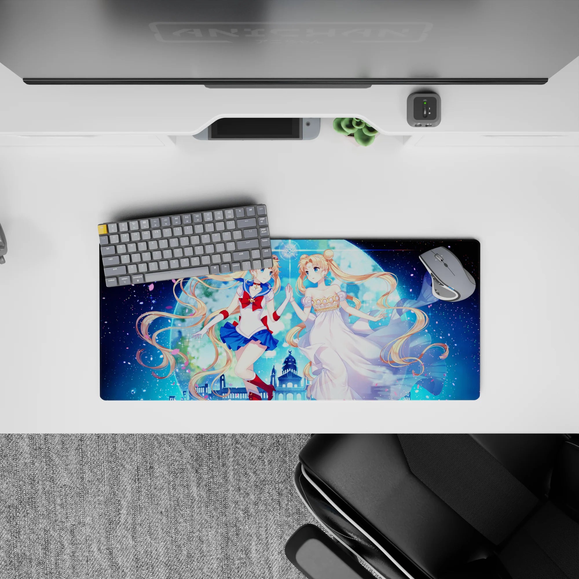28x12 inches anime girl mouse pad in glowing galaxy blues and pink petals, dreamy romantic night sky vibe.