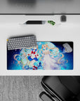 28x12 inches anime girl mouse pad in glowing galaxy blues and pink petals, dreamy romantic night sky vibe.