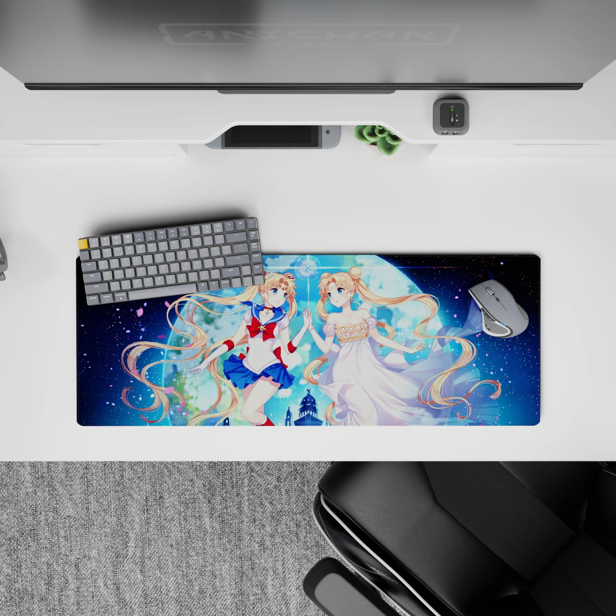 32x12 inches anime girl mouse pad in glowing blues and pink petals, dreamy cosmic night-sky aesthetic.