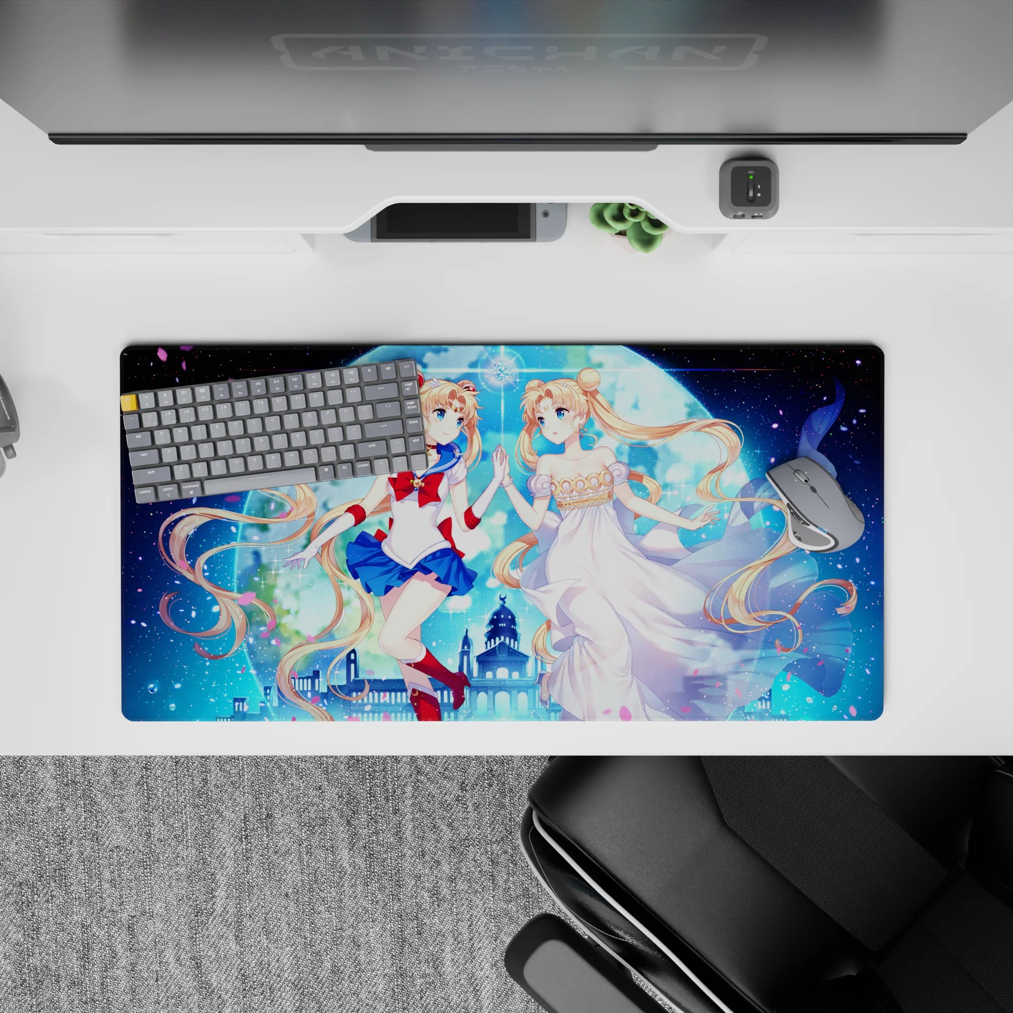 32x16 inches anime girl mouse pad in glowing blues and pink petals, romantic cosmic night sky aesthetic.