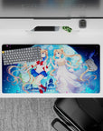 32x16 inches anime girl mouse pad in glowing blues and pink petals, romantic cosmic night sky aesthetic.