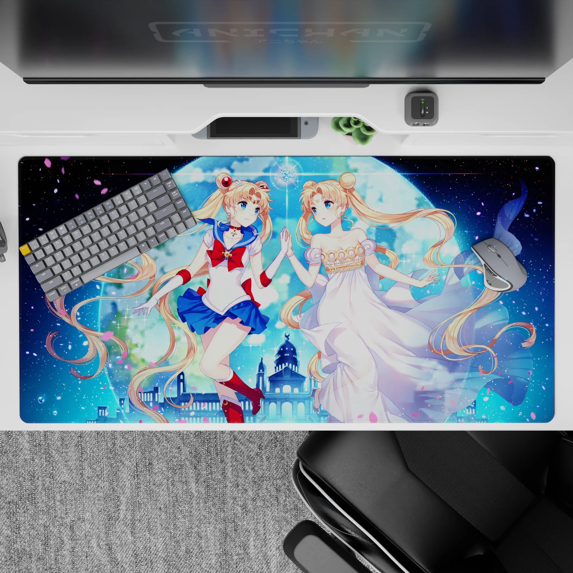 40x20 inches anime desk pad in glowing blues and pink petals, romantic cosmic night sky with red accents.