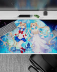 40x20 inches anime desk pad in glowing blues and pink petals, romantic cosmic night sky with red accents.