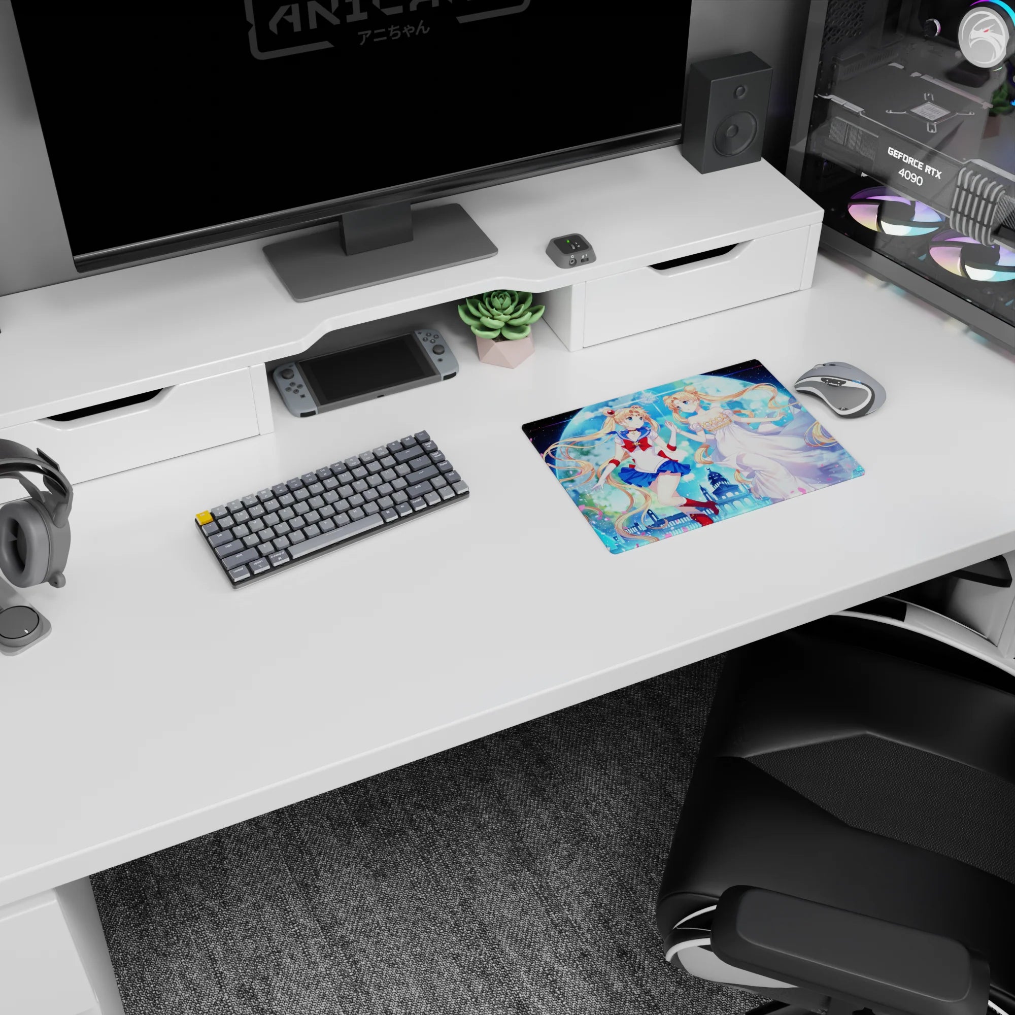 Sailor Moon and Princess Serenity reaching hands beneath a huge moon, anime mouse pad 14x10 inches.