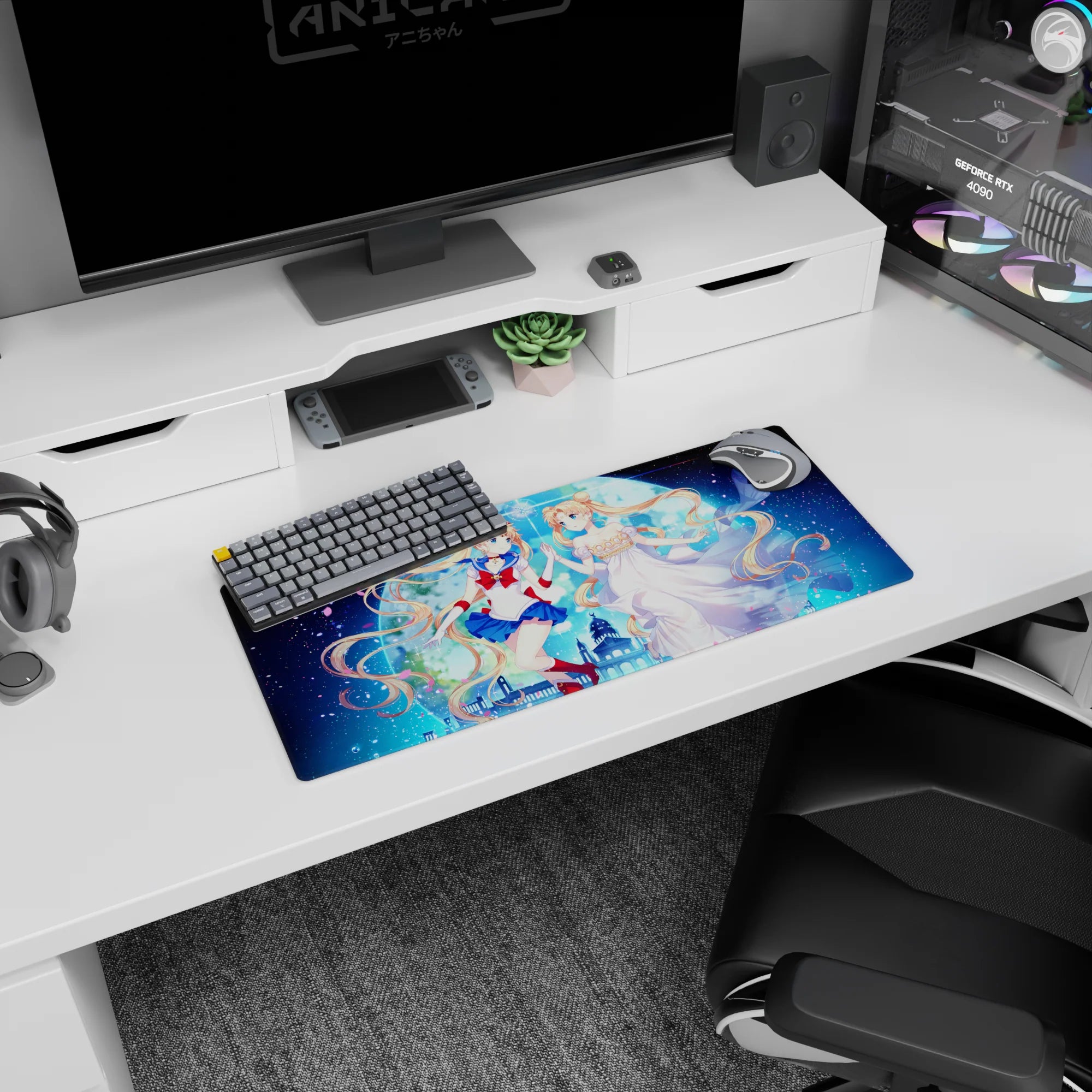 28x12 inches anime girl mouse pad showing Sailor Moon and Princess Serenity reaching hands beneath a full moon.
