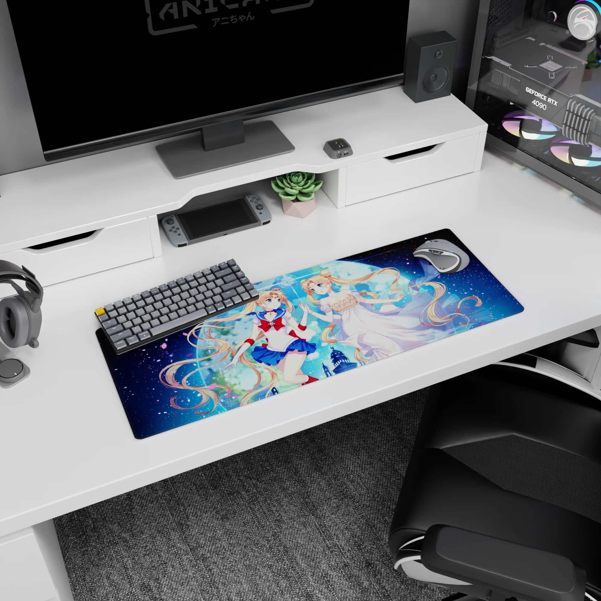 32x12 inches anime girl mouse pad showing Sailor Moon and her princess form reaching hands in starlight.