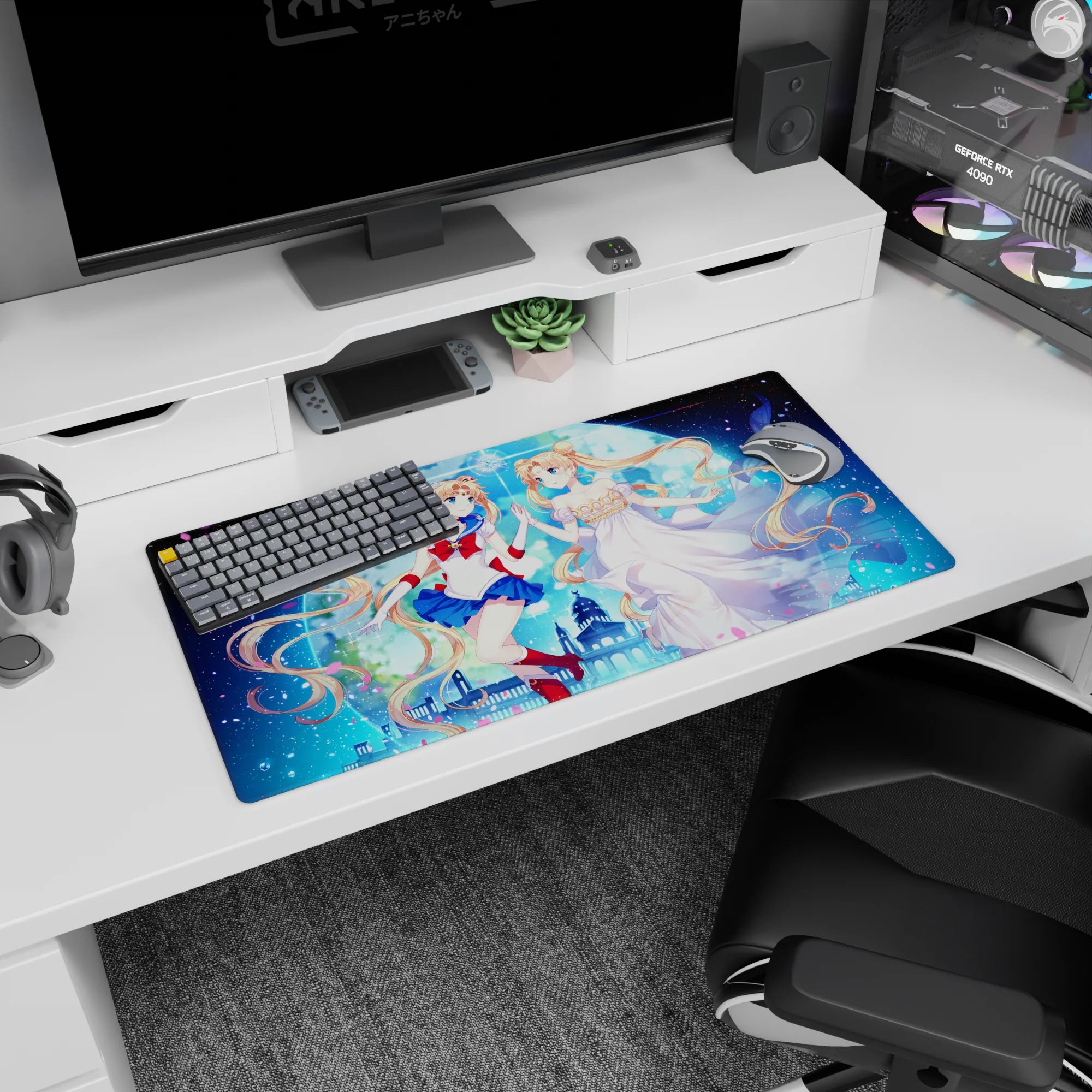 32x16 inches anime girl mouse pad showing Usagi Tsukino and her princess self nearly touching hands in starlight.