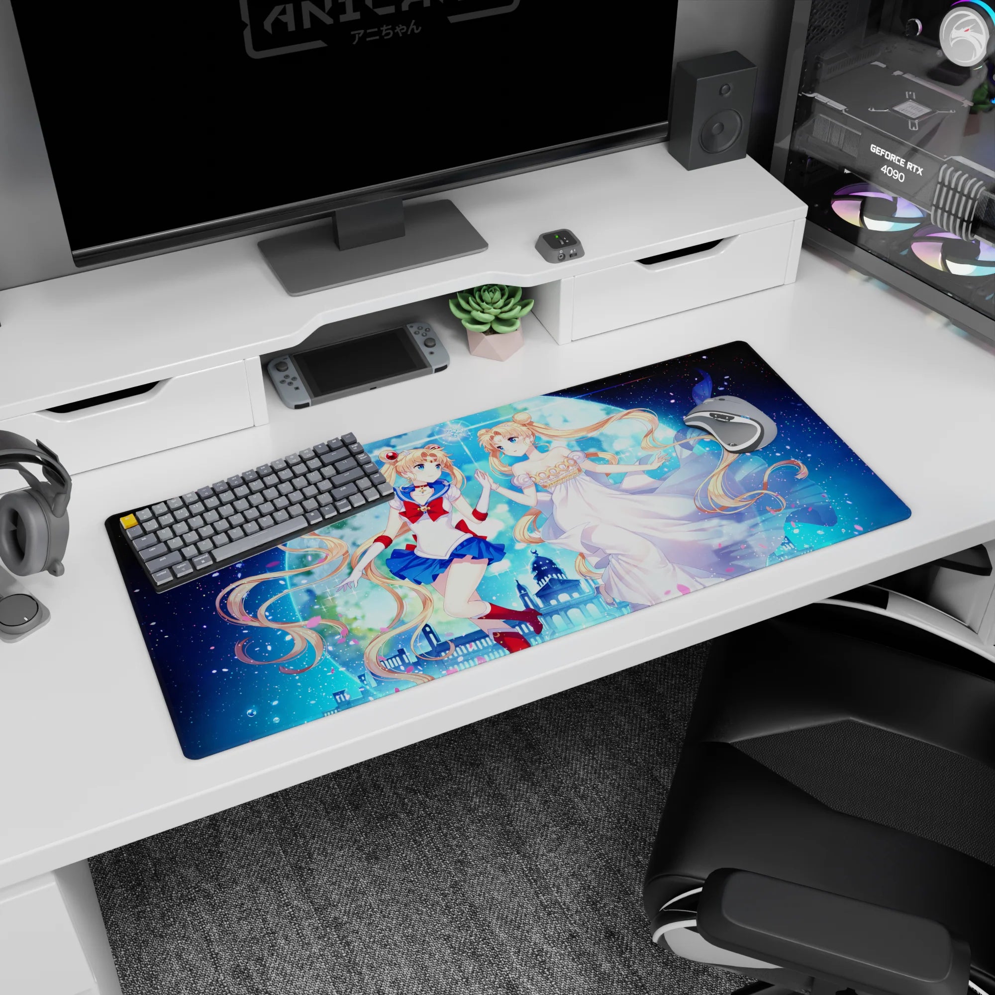 36x16 inches Sailor Moon desk pad showing Usagi Tsukino and Princess Serenity reaching hands in the sky.