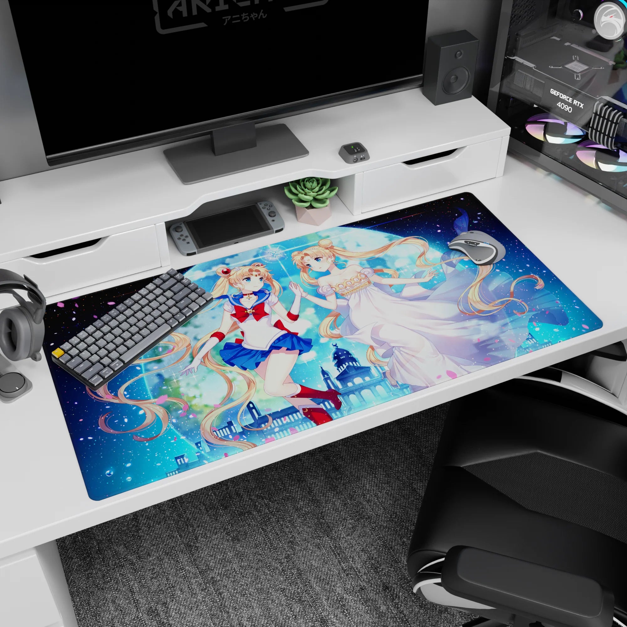 40x20 inches Sailor Moon desk pad showing Usagi Tsukino reaching toward her serene princess self in moonlight.