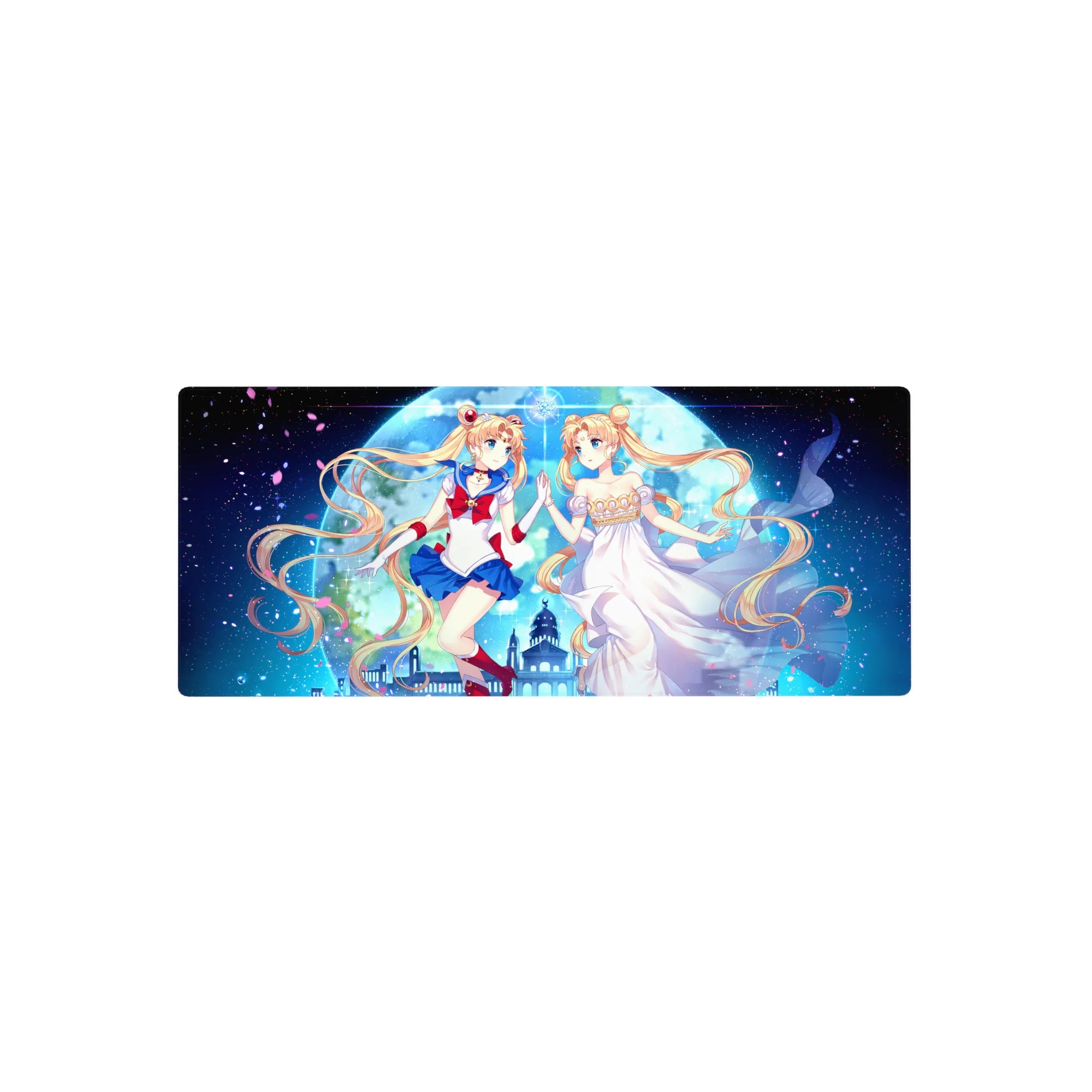 28x12 inches anime girl mouse pad with Sailor Moon and princess Usagi under a giant moon, petals falling.
