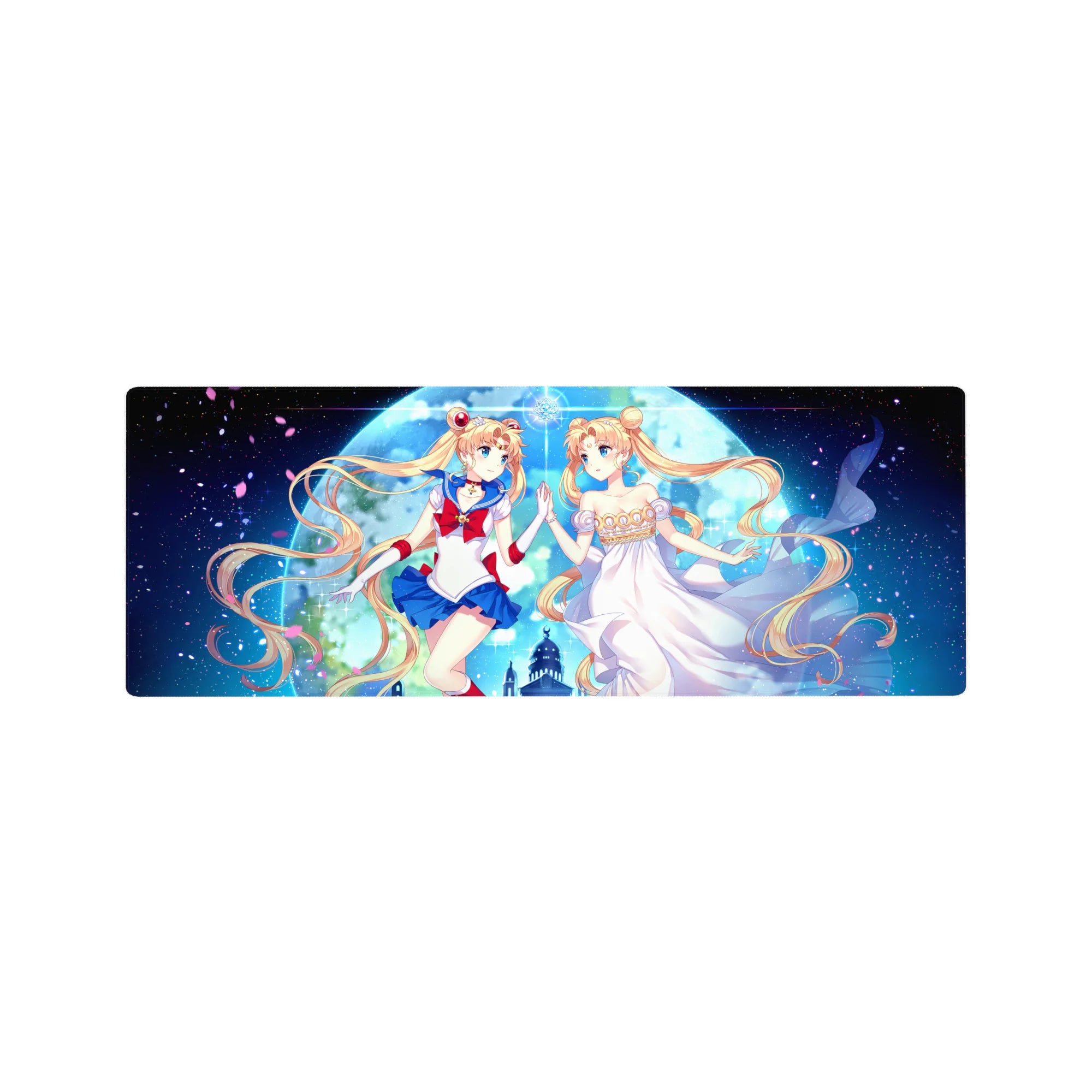 32x12 inches anime girl mouse pad with Sailor Moon and princess Usagi under a giant moon and petals.