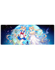32x12 inches anime girl mouse pad with Sailor Moon and princess Usagi under a giant moon and petals.