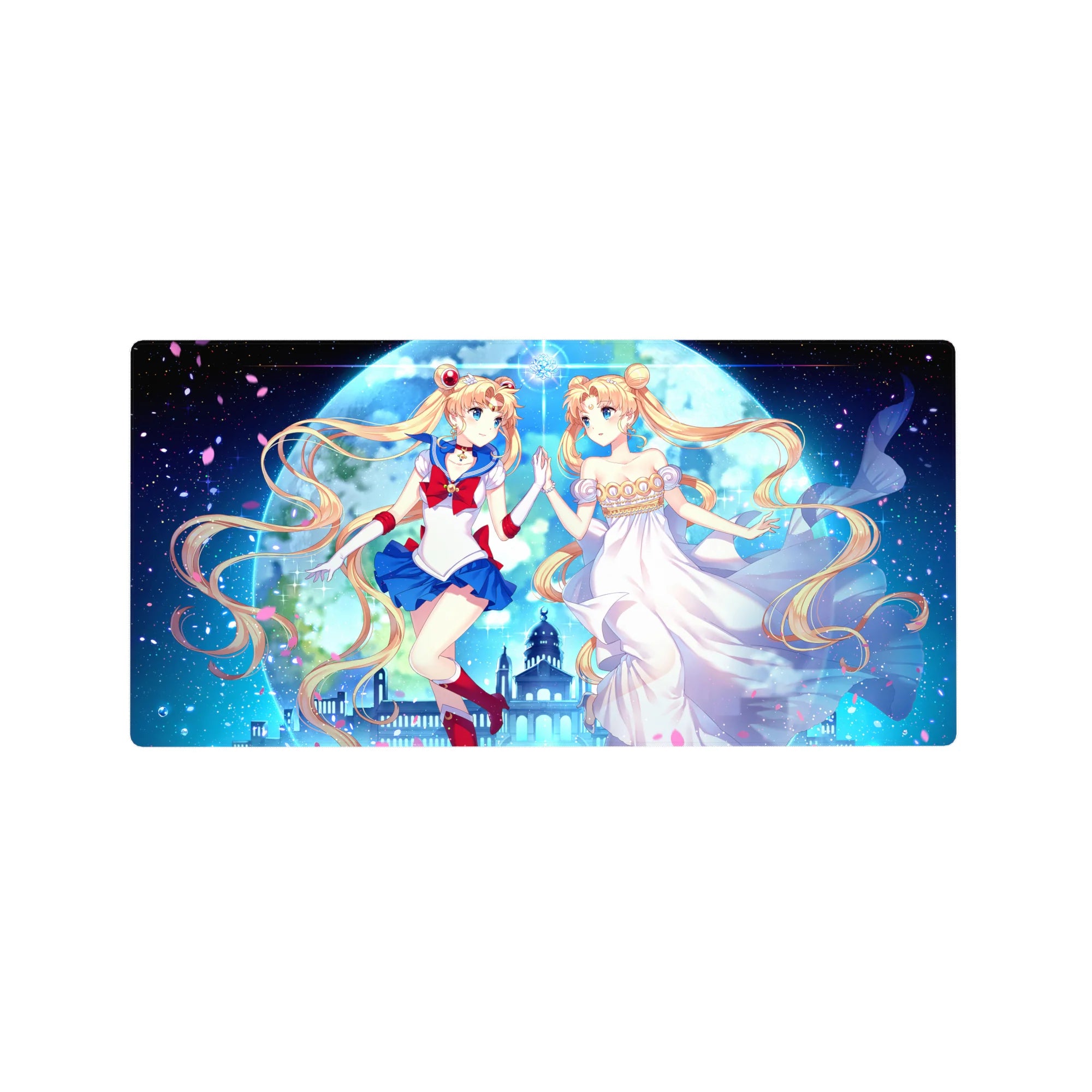32x16 inches anime girl mouse pad with Sailor Moon and princess form under a giant moon, petals drifting.