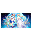 32x16 inches anime girl mouse pad with Sailor Moon and princess form under a giant moon, petals drifting.