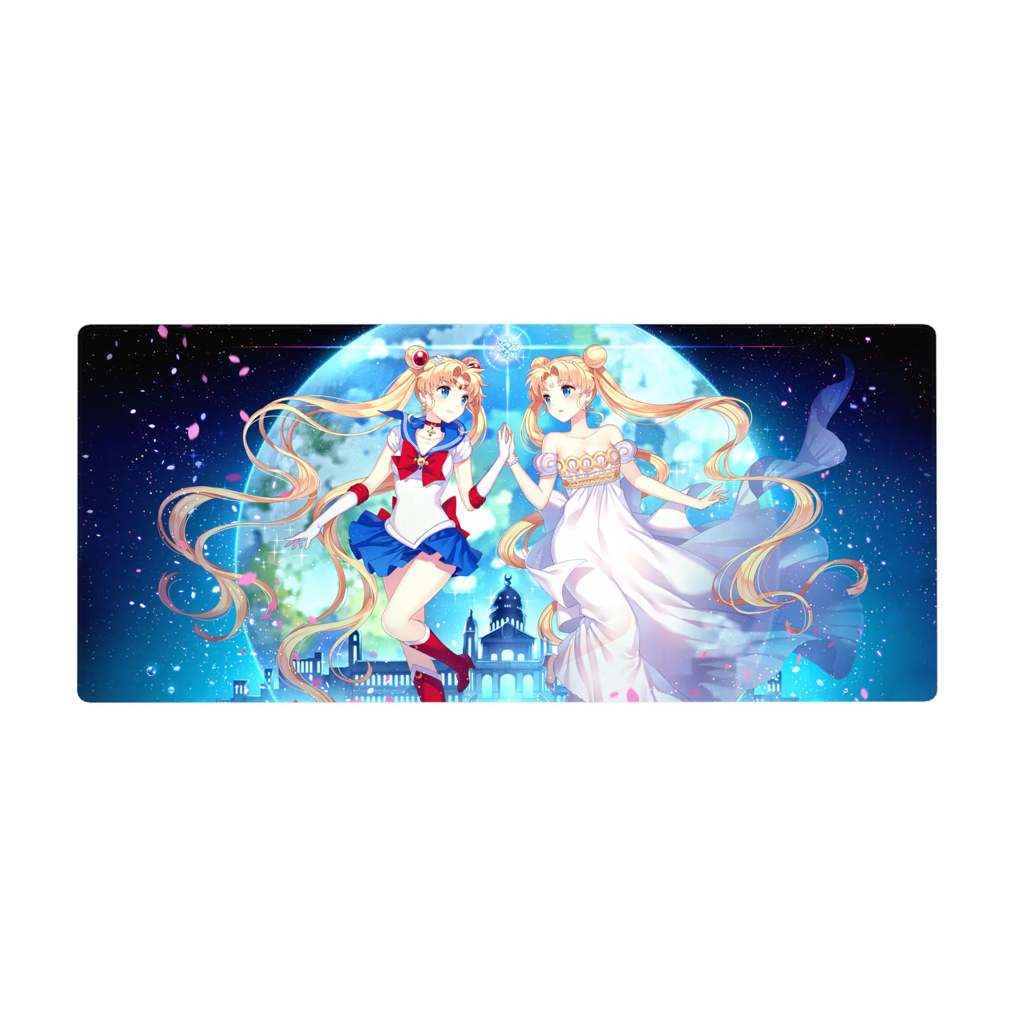 36x16 inches anime girl desk pad with Sailor Moon and princess double portrait under a giant moon.