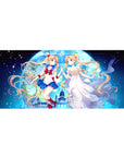 36x16 inches anime girl desk pad with Sailor Moon and princess double portrait under a giant moon.