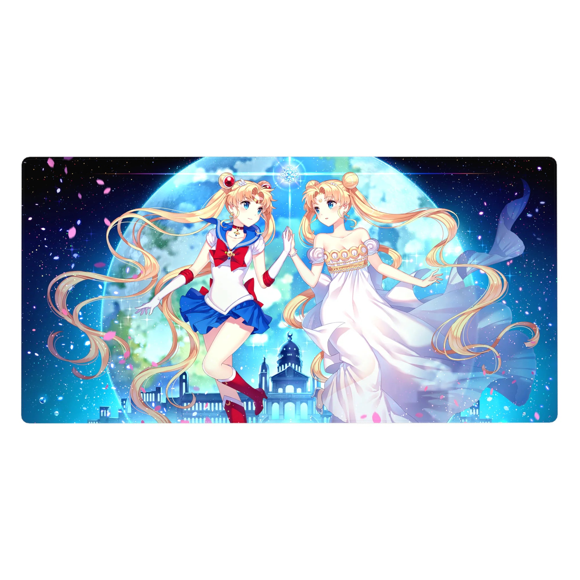 40x20 inches anime girl desk pad with Sailor Moon and princess form under a giant moon, petals drifting.