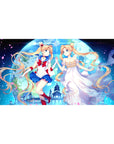 40x20 inches anime girl desk pad with Sailor Moon and princess form under a giant moon, petals drifting.