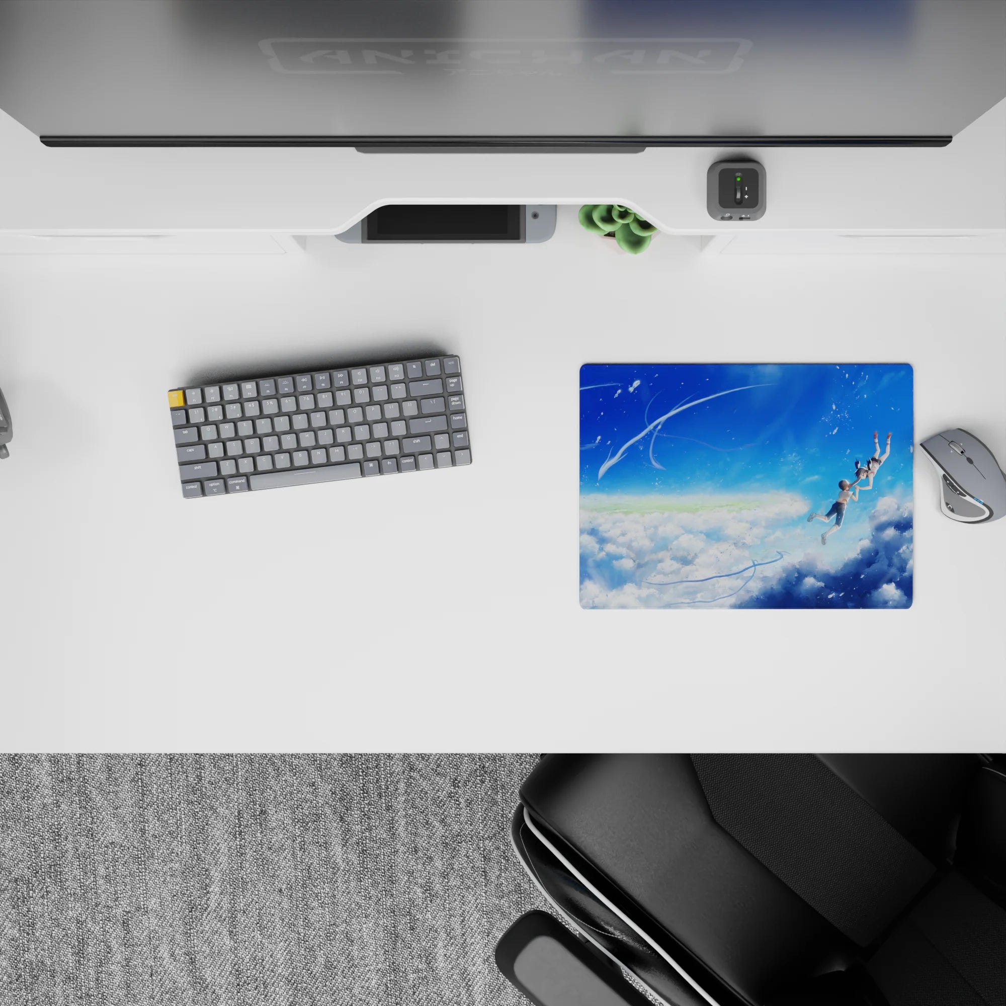 14x10 inches anime mouse pad in bright cobalt blue and soft whites, calm airy clouds and sparkling droplets.