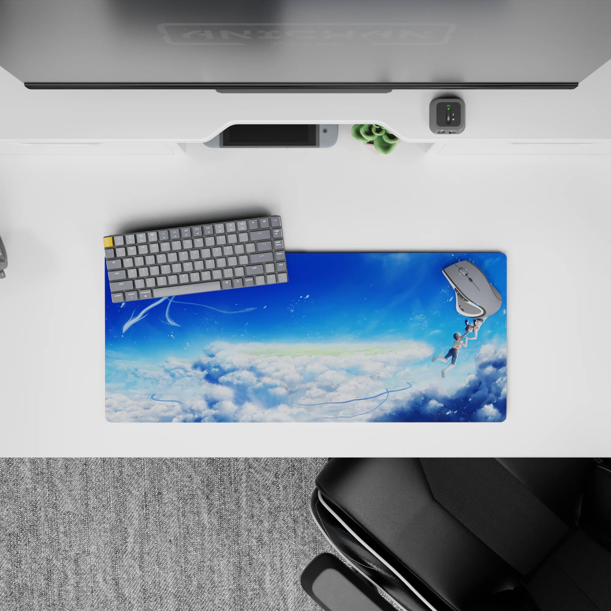 Cobalt blue and white anime mouse pad 28x12 inches, calm uplifting sky scene with sparkle droplets.
